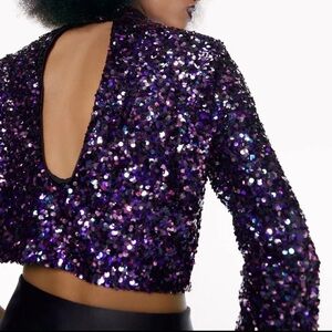 Zara Sequin purple open back long sleeve crop top NWT Size Medium